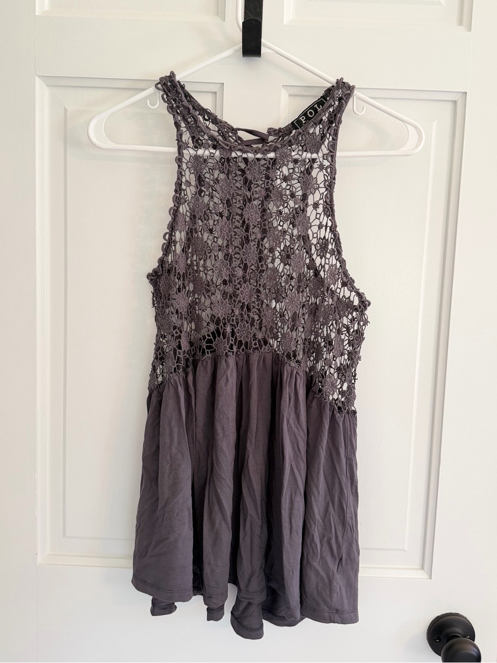 POL Gray Crochet Lace Boho Sleeveless Tunic Tank Top Size Small